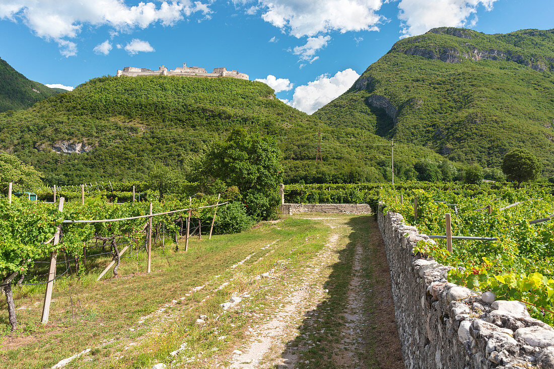 Blick auf Schloss Beseno, die größte feudale Festung im gesamten Trentino, Italien