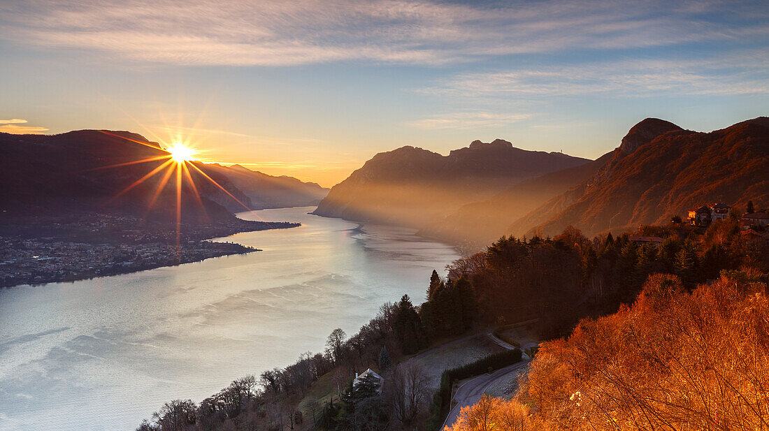 Sunrise on lake Como, Civenna, Como province, Lombardy, Italy, Europe