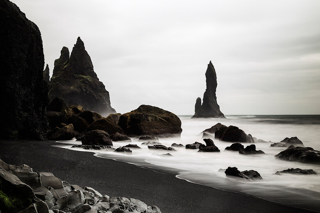 Rocks and Black Sand Beach, Vik I Myrdal, Iceland, North Atlantic Ocean