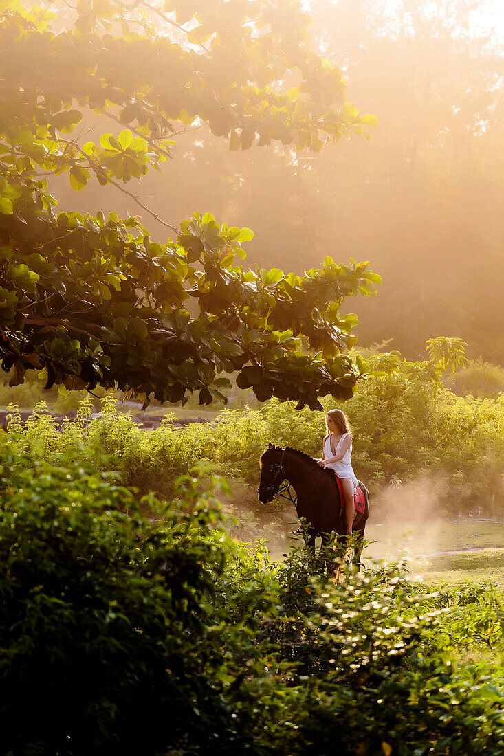 Junge Frau Reiten in der Landschaft mit Bäumen und Büschen bei Sonnenaufgang