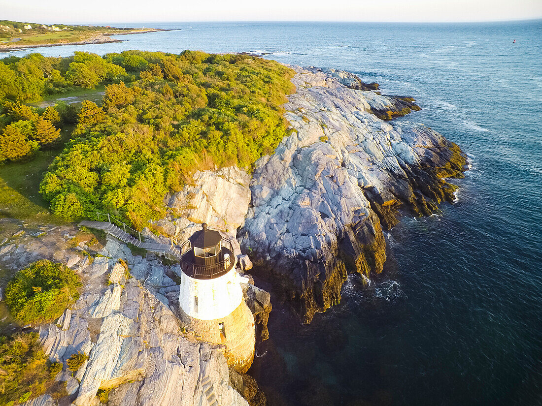 Drone aerial of Castle Hill in Newport, Rhode Island at sunset