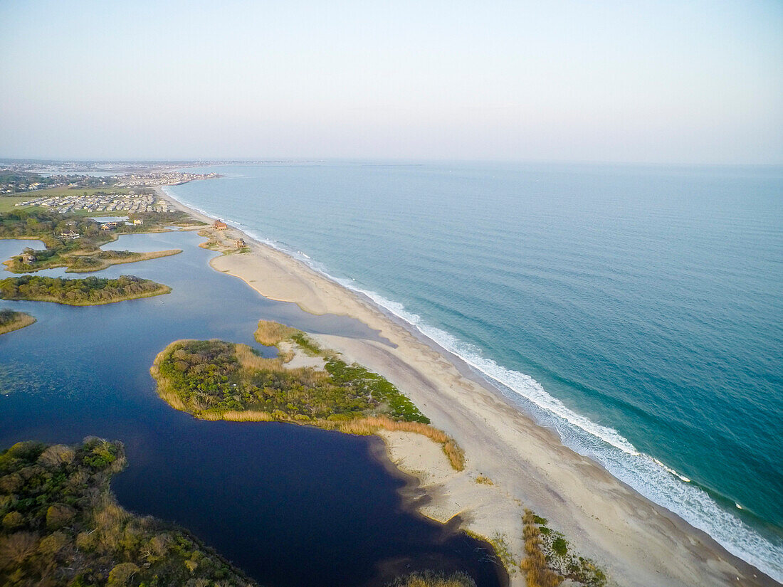 Aerial drone view of Rhode Island beach shoreline