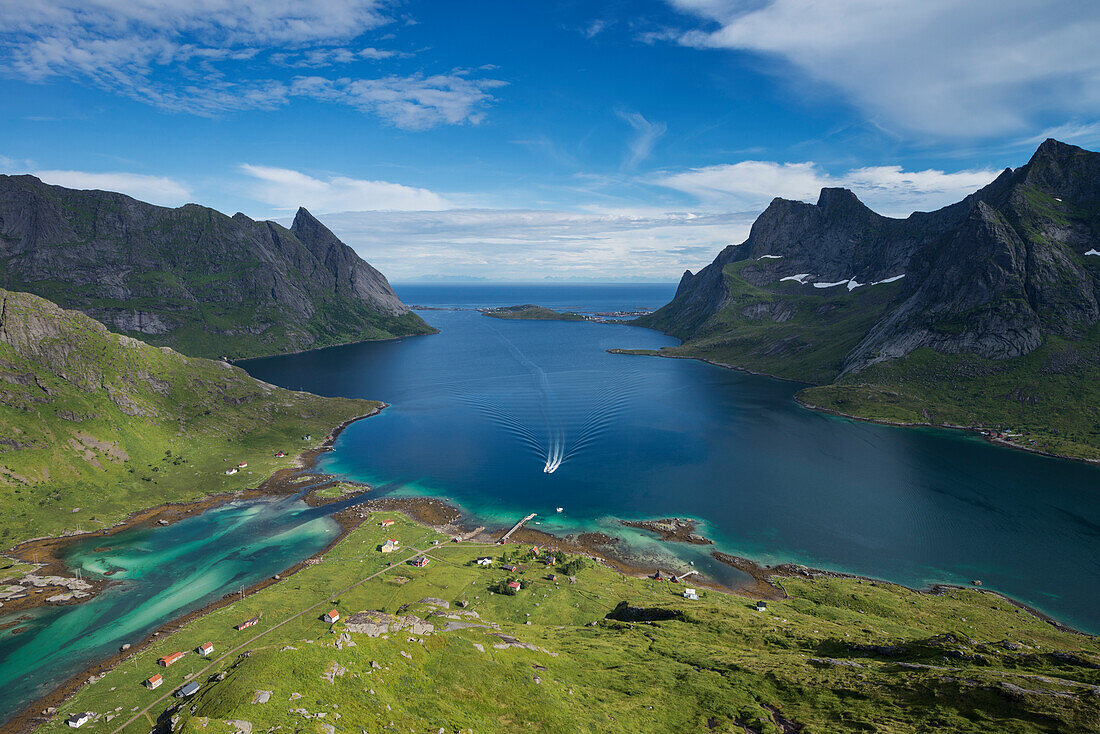 Passenger ferry arrives at isolated village of Vindstad, MoskenesÃ¸y, Lofoten Islands, Norway