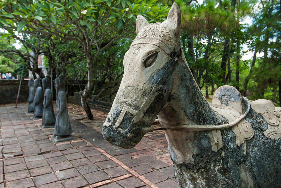 Elaborate buildings and gates are features of the Tomb of Tu Duc, who was the longest reigning ruler in the Nguyen Dynasty. The tomb and its large grounds are located on the Perfume River, outside of Hue, Thua Thien Hue Province, Vietnam