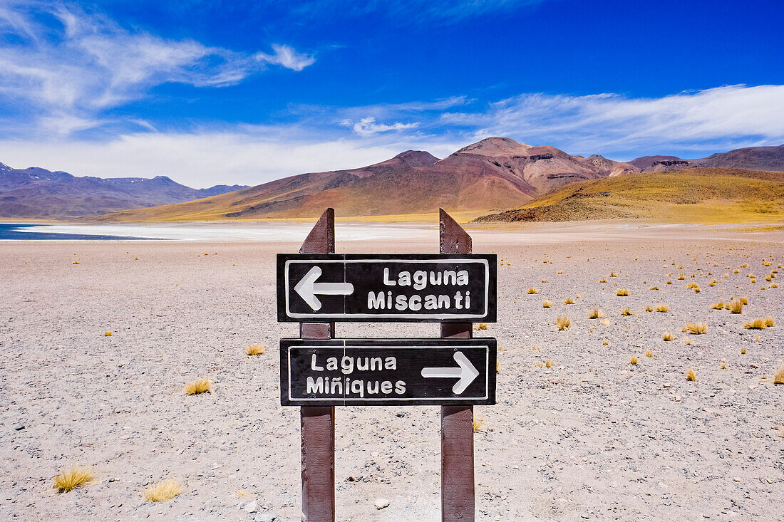 Sign for Lagunas Miscanti and Miniques in the Atacama Desert, Chile