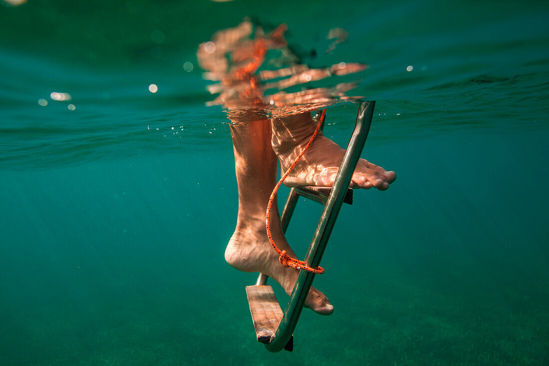 Ein Mann klettert eine Leiter unter Wasser von einem Boot in der Nähe von Utila Island, Honduras.