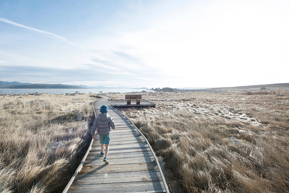 Rear view of boy walking alone on boardwalk across grass in front of Mono Lake, California, USA