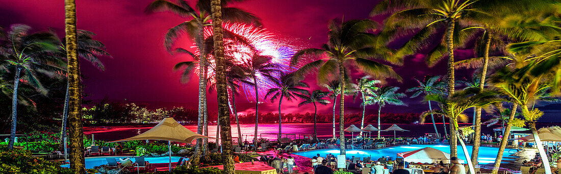 A panoramic view of 4th of July fireworks display at Turtle Bay Resort, on the North Shore of Oahu.