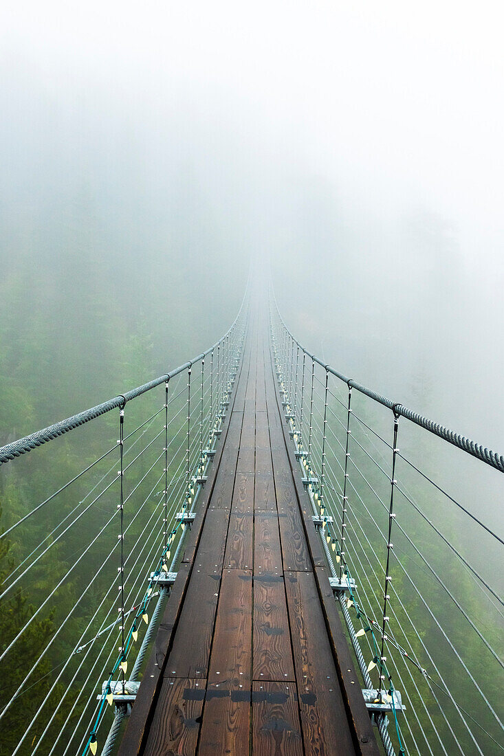 Eine Hängebrücke erstreckt sich in den Nebel an einem regnerischen Herbsttag Squamish, British Columbia.