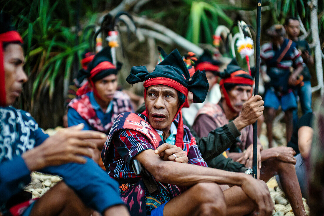 Men participating in ceremony before Pasola festival, Sumba Island, Indonesia