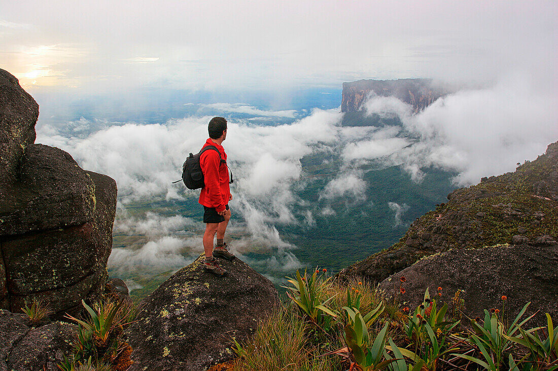 Mann, Der Auf Klippe In Berg Roraima, Venezuela Steht