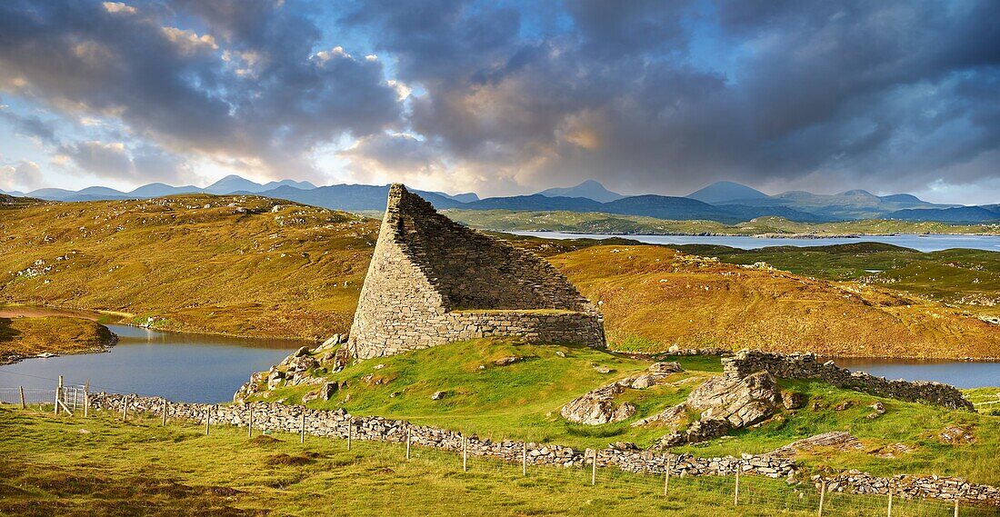Pictures of Dun Carloway Broch on the Isle of Lewis in the Outer Hebrides, Scotland. Brochs are among Scotland's most impressive prehistoric buildings and were the precursors of the Medieval Scottish Tower Houses. The world Broch is derived from lowland s