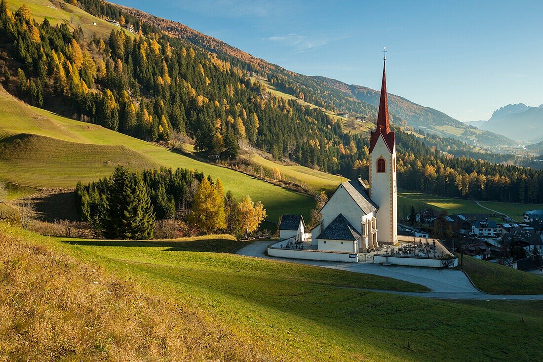 Iconic alpine church in Winnebach, South Tyrol, Dolomites, Italy.
