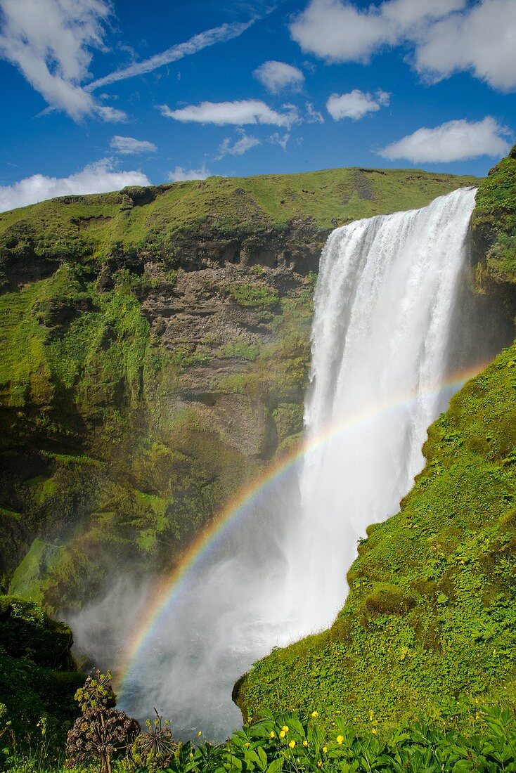 Skogafoss Wasserfall mit Regenbogen in Island