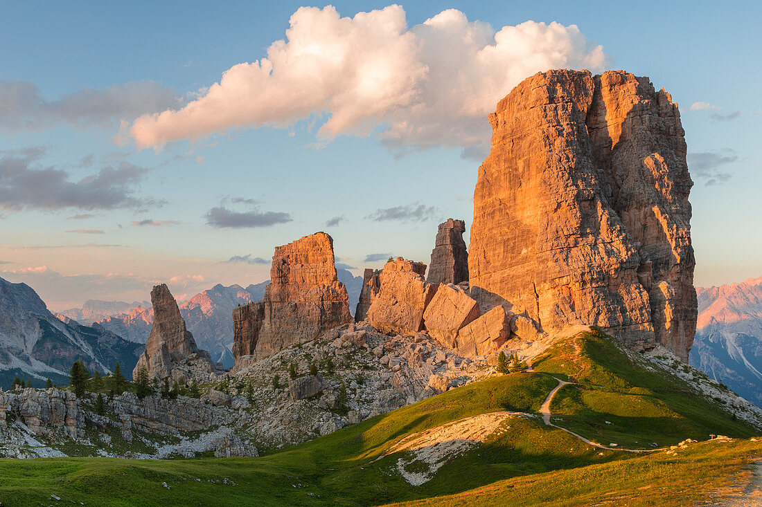 Sunset over Cinque Torri, Cortina d'Ampezzo, Belluno Province, Veneto District, Italy, Europe