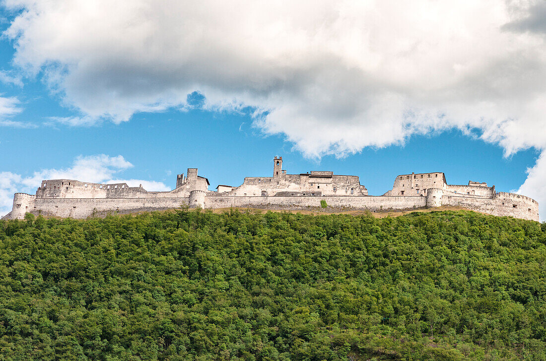 View of Castle Beseno, the largest feudal fortress all over the Trentino District, Italy