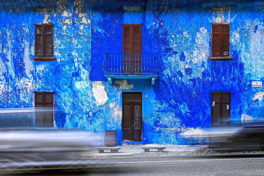 Blue house, Lasnigo, Como province, Lombardy, Italy, Europe