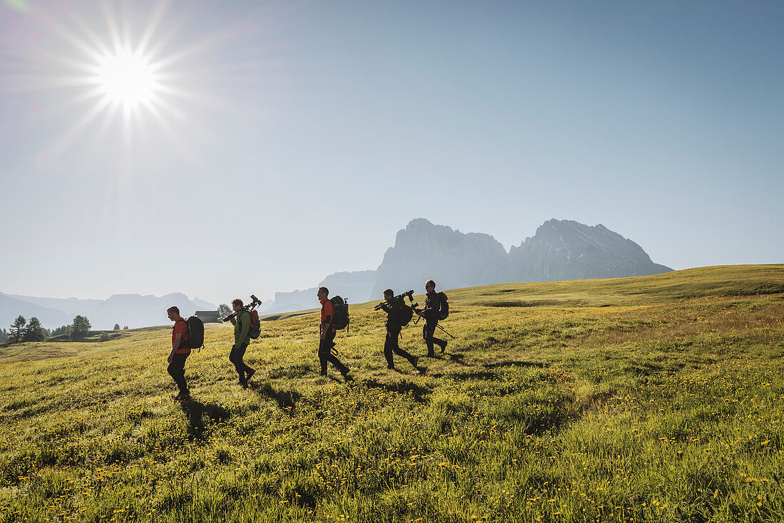 Alpe di Siusi/Seiser Alm, Dolomites, South Tyrol, Italy, Hikers on the Alpe di Siusi