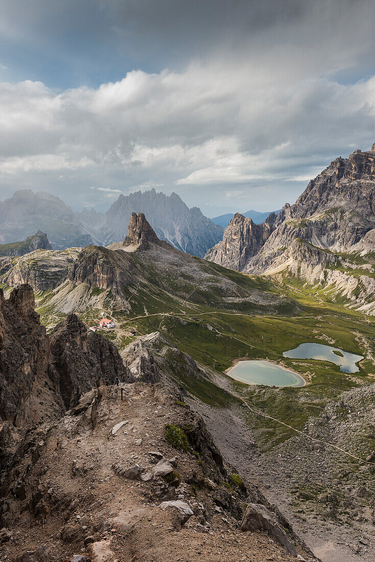 'Sesto/Sexten, Dolomites, South Tyrol, province of Bolzano, Italy, View of the Ref, Locatelli, Laghi dei Piani and Torre di Toblin from the ''Path of Peace'' to the mountain of Monte Paterno'