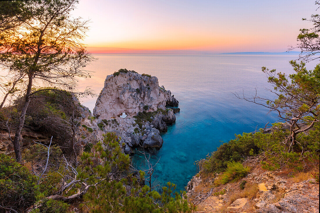 Scoglio dell'Elefante/The Elephant's Rock from the top of San Domino cliff during sunrise, San Domino Island, Tremiti Islands, Apulia, Italy