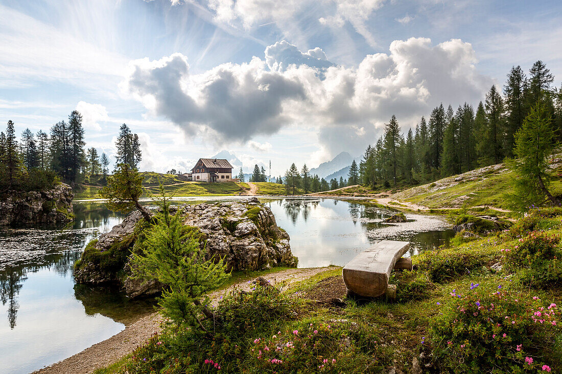 The peaceful Federa Lake with the cozy Croda da Lago refuge,Cortina d'Ampezzo,Belluno district,Veneto,Italy