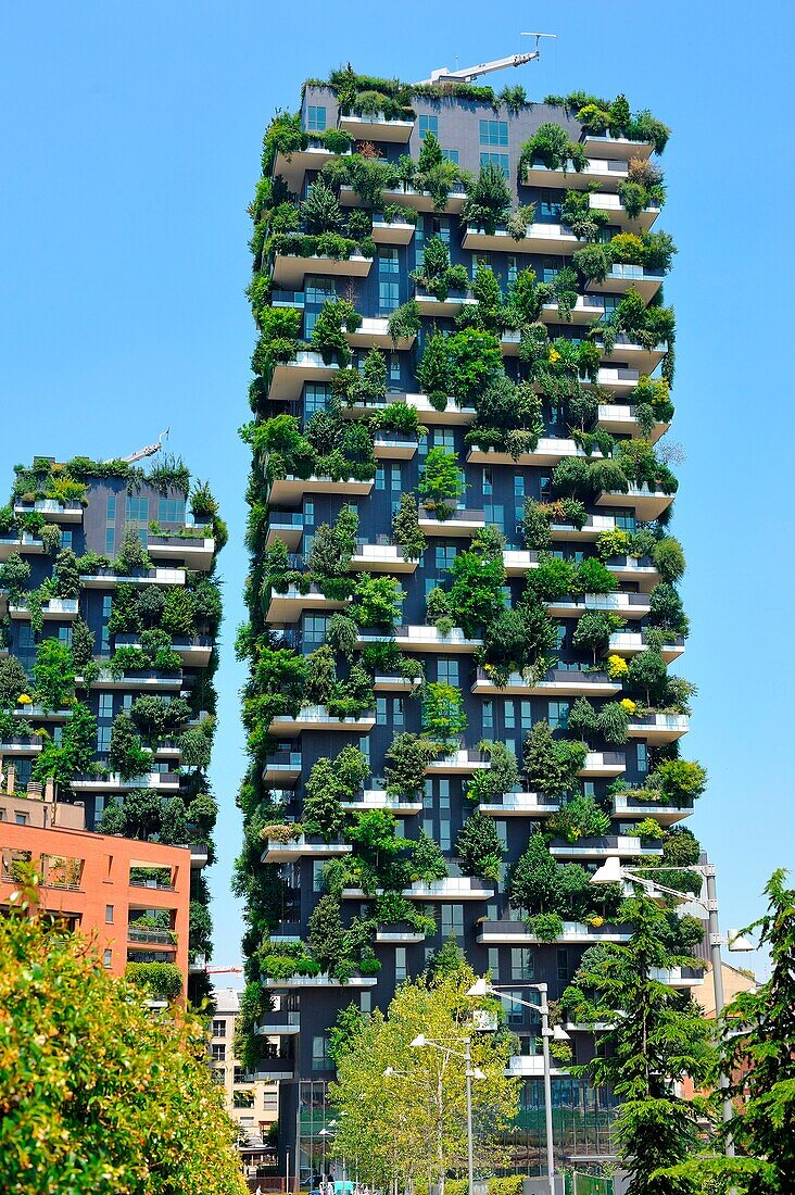 Bosco Verticale skyscraper in Porta Nuova district, Milan, Italy, on summer 2017