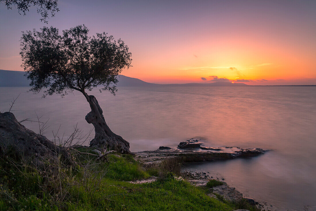 Varano lake at sunset, Ischitella village, Foggia district, Apulia, Italy