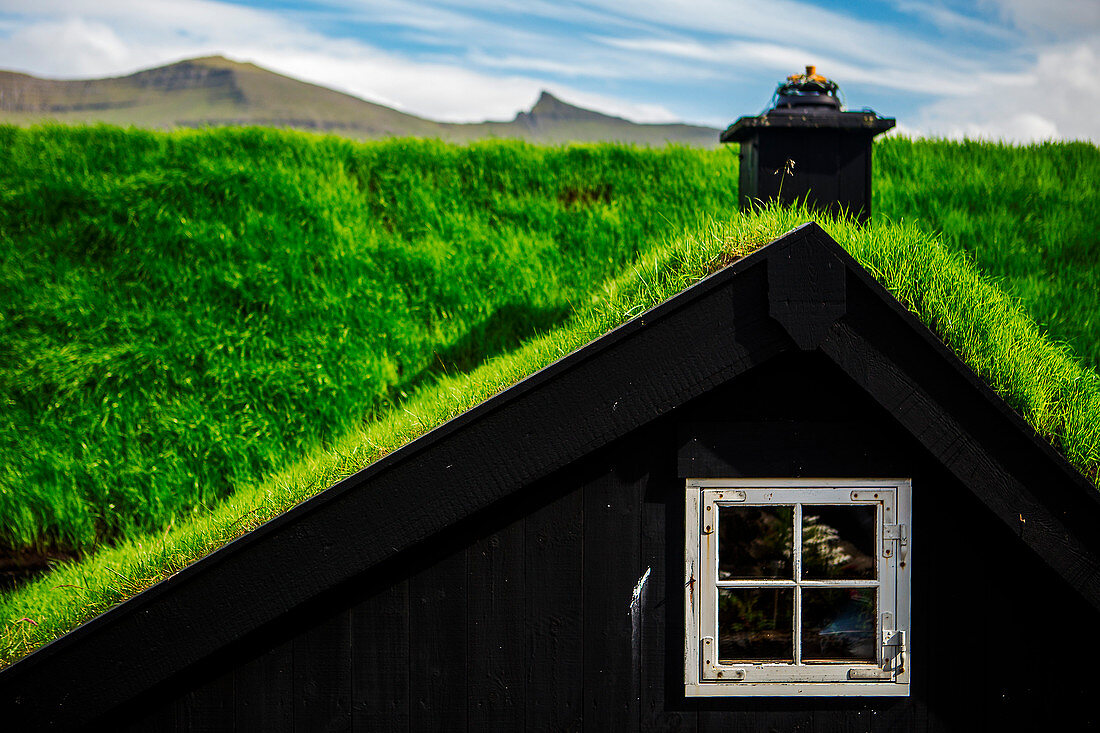 Wooden house with turf roof, Faroe Islands, Denmark