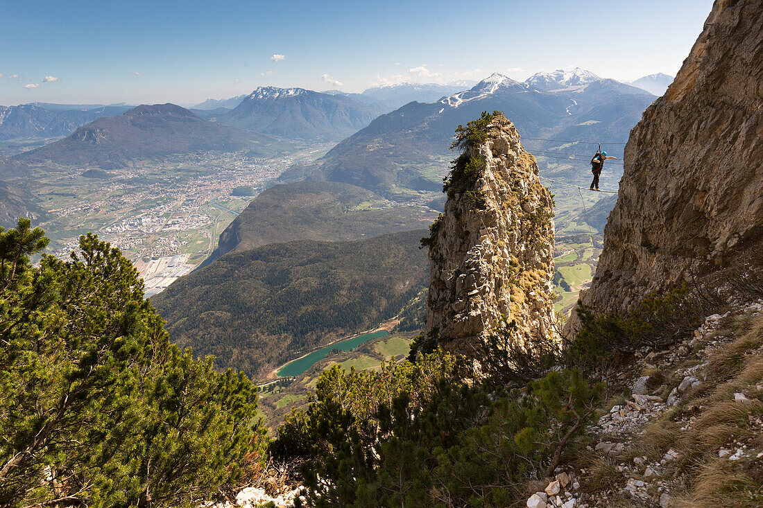 'an impressive view of the famous tibetan bridge at the via ferrata ''the eagle trail'', Trento province, Trentino Alto Adige, Italy, Europe'