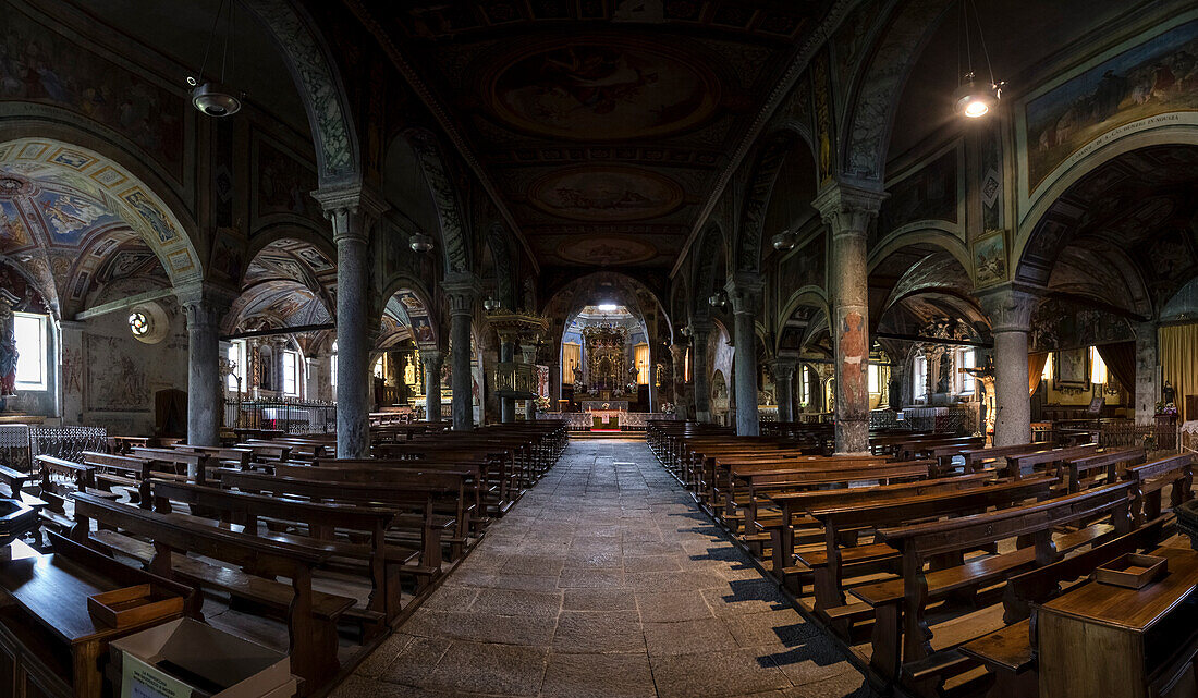 Panoramic view of the interior of the Chiesa Monumentale di San Gaudenzio in Baceno, Valle Antigorio, Verbano Cusio Ossola, Piedmont, Italy