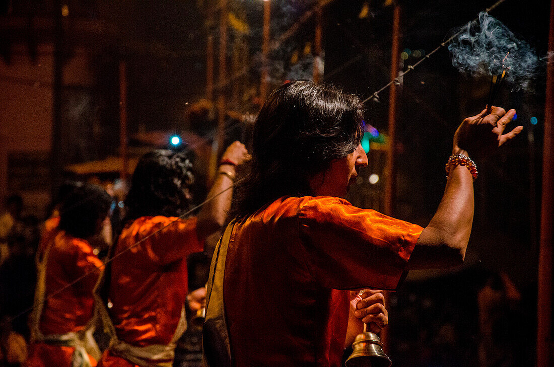 Varanasi, Uttar Pradesh, India, Moments of the sunset puja in Varanasi