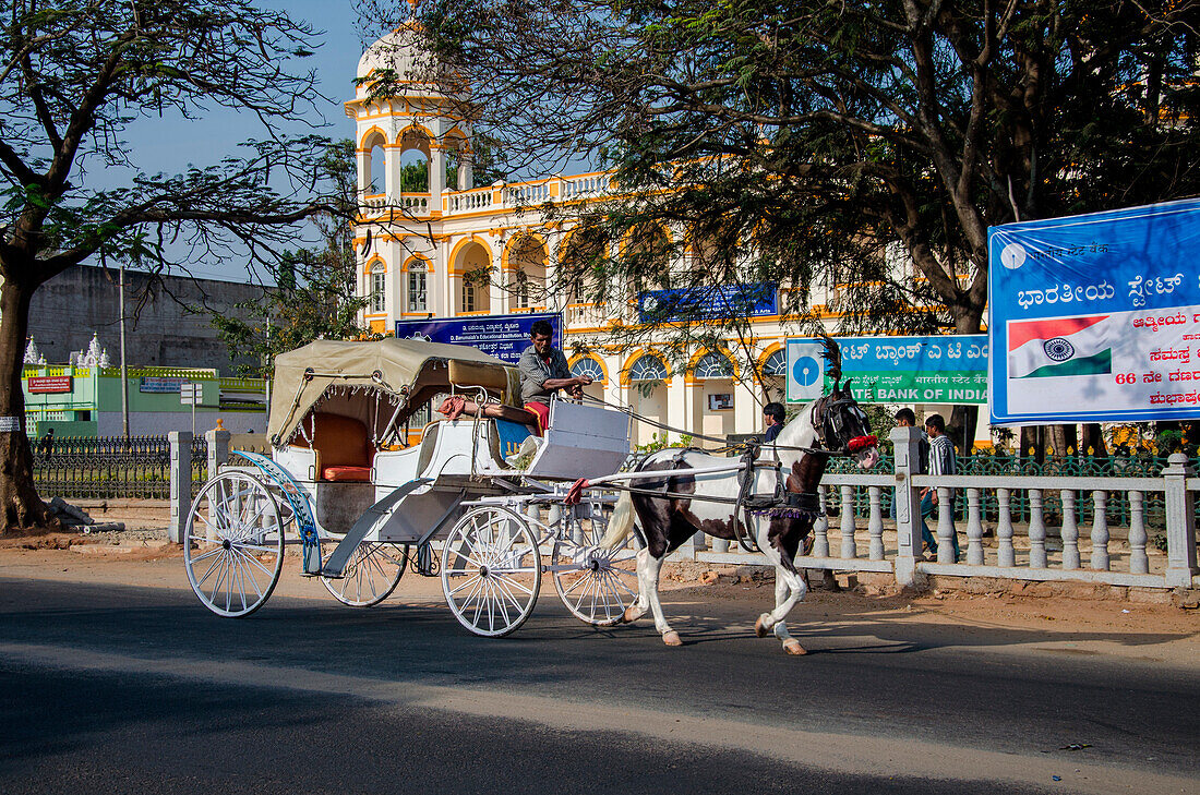 Mysore, Karnataka, Indien, Ein Pferdewagen, der nach Touristen in den Straßen von Mysore