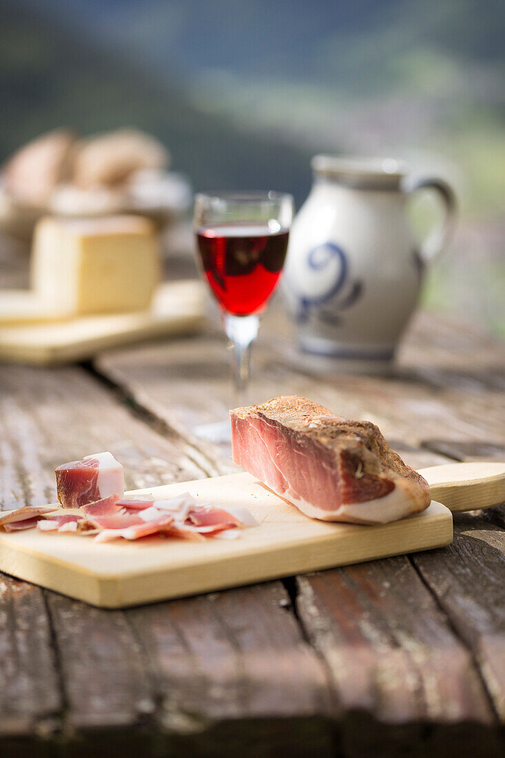 still life of a piece of bacon, (speck), Bolzano province, South Tyrol, Trentino Alto Adige, Italy