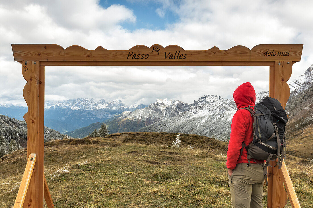 Europe, Italy, Trentino, Predazzo, Gadget for tourists, a wooden frame to take pictures on the Valles pass, Dolomites