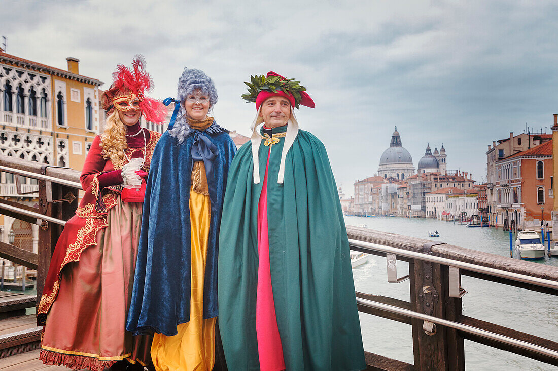 Europe, Italy, Veneto, Venice, Group of people in carnival fancy dress on the Accademia bridge