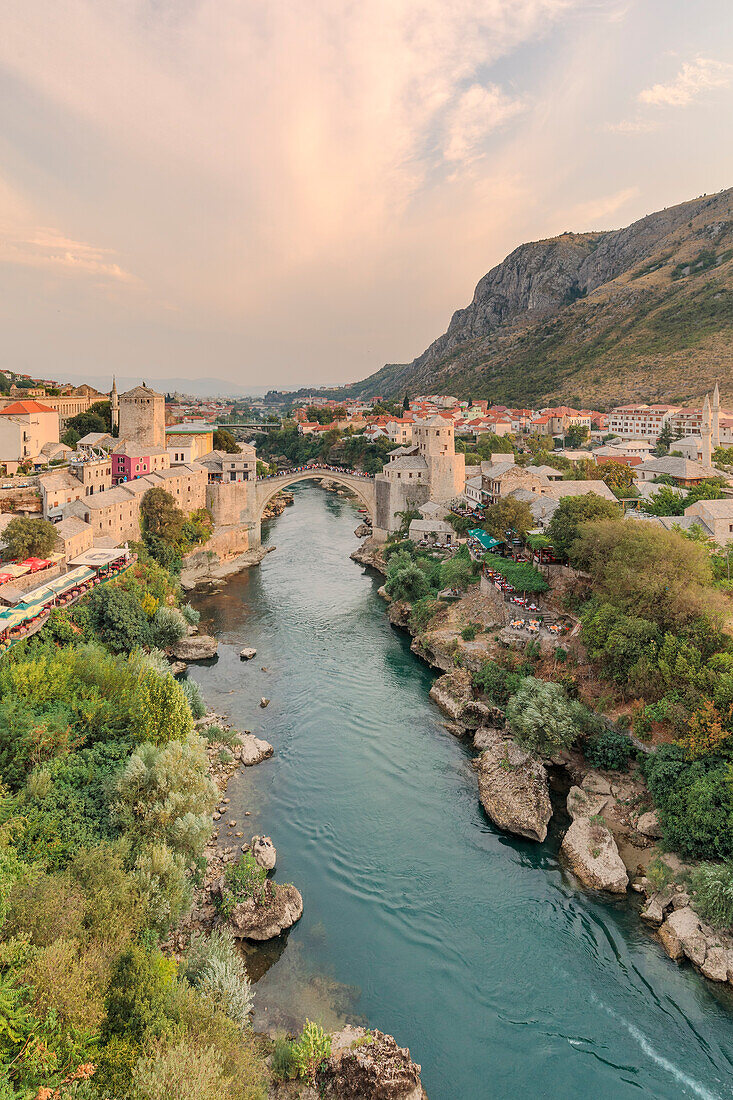 Elevated view of the Neretva river crossed by the Old Bridge (Stari Most) in Mostar old town, Federation of Bosnia and Herzegovina