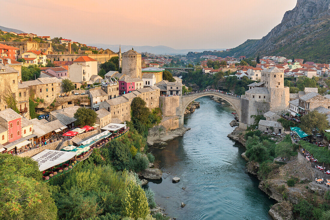 Elevated view of the Neretva river crossed by the Old Bridge (Stari Most) in Mostar old town, Federation of Bosnia and Herzegovina