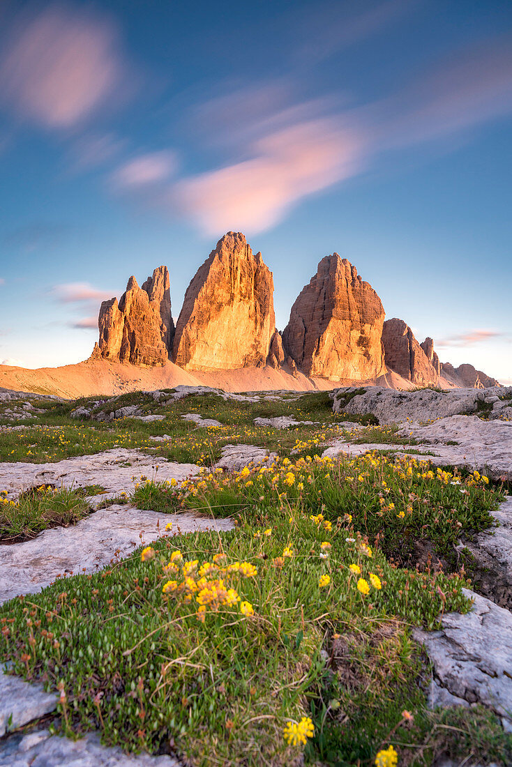 Sesto / Sexten, province of Bolzano, Dolomites, South Tyrol, Italy, Sunset at the Three Peaks of Lavaredo