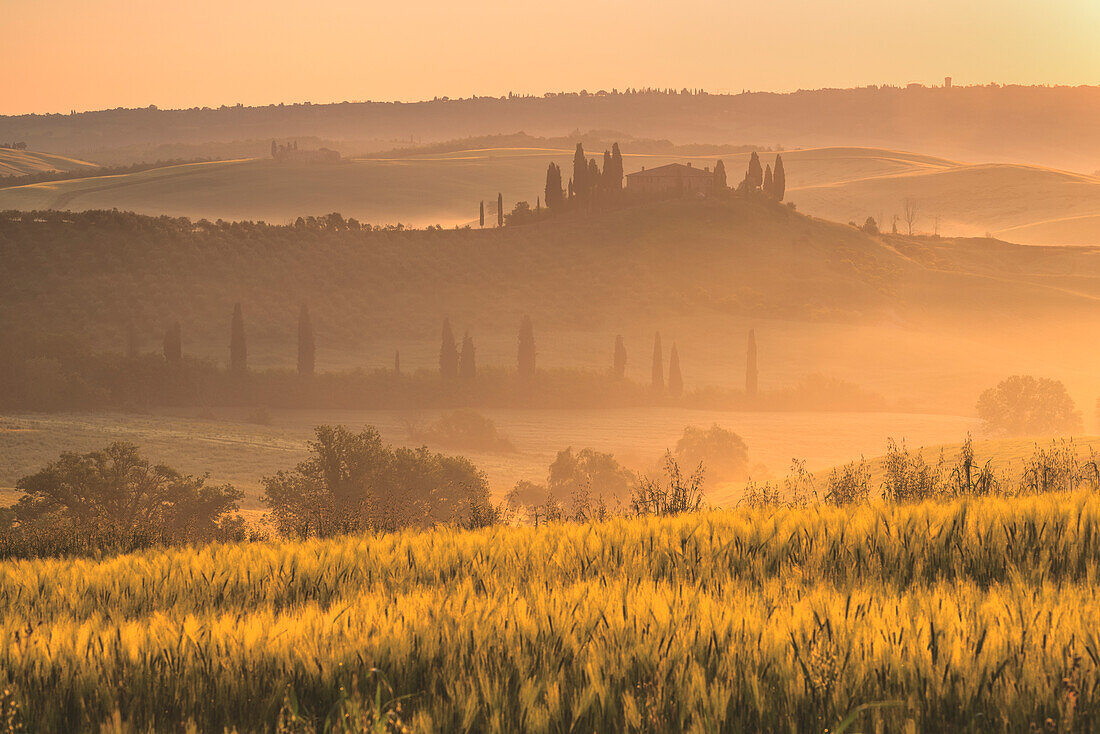 Belvedere Farmhouse at dawn, San Quirico d'Orcia, Orcia Valley, Siena province, Italy, Europe