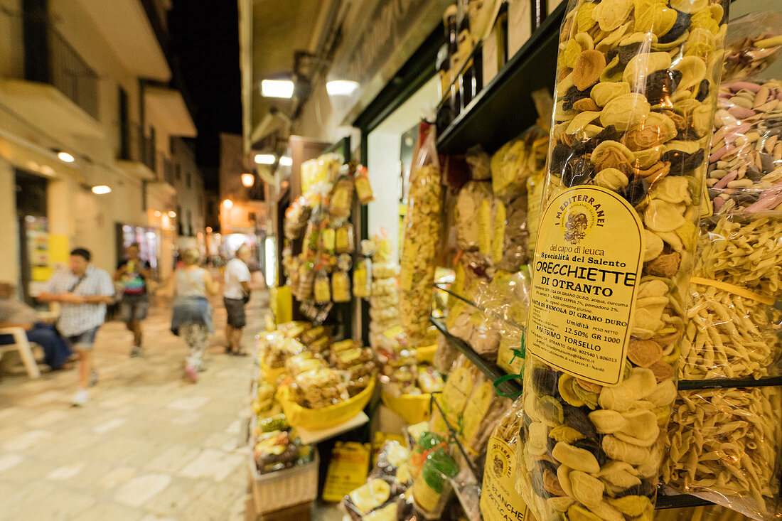 Typical handmade pasta called orecchiette in the shops of the old town Otranto province of Lecce Apulia Italy Europe