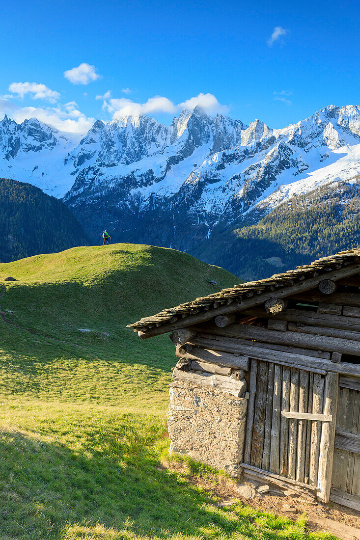 Alpine hut framed by meadows and snowy peaks at dawn Tombal Soglio Bregaglia Valley canton of Graubünden Switzerland Europe