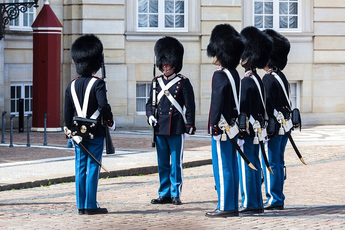Changing the Guard ceremony at Amalienborg Palace Copenhagen Denmark.