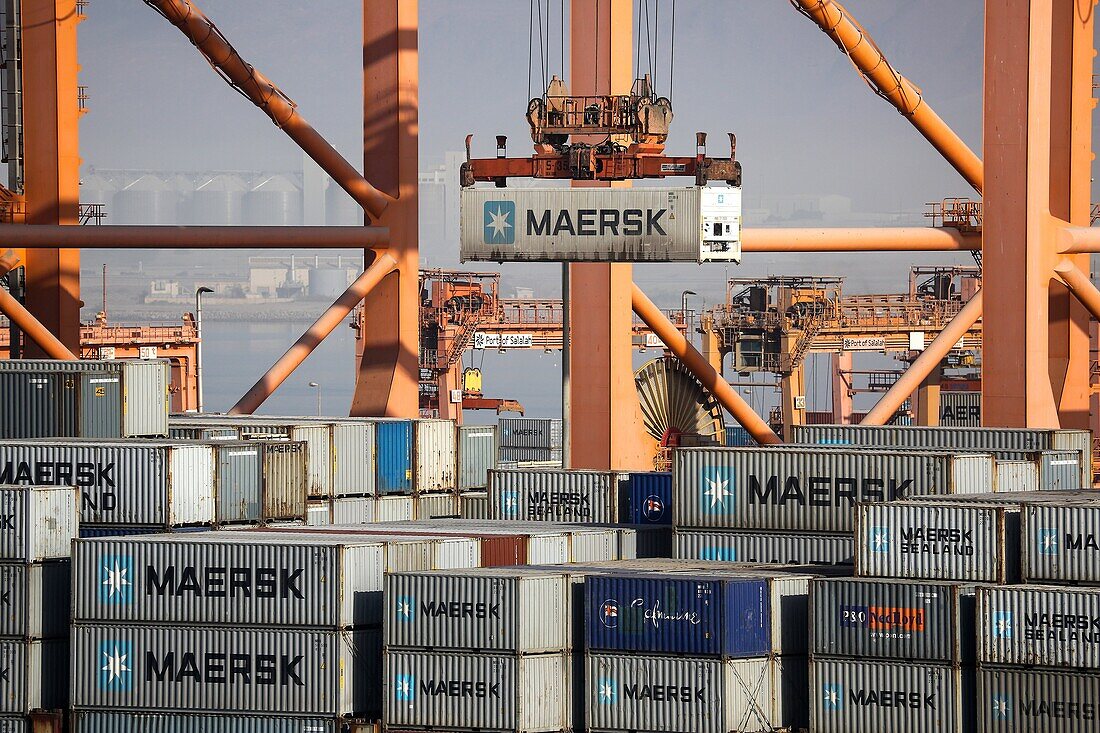 Maersk container ships at the port of Salalah Oman Middle East.
