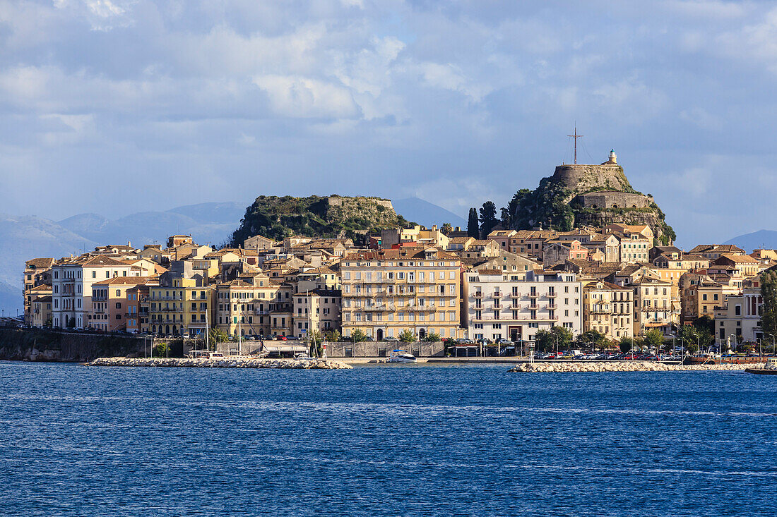 Waterfront, Old Fortress and Old Town from the sea, Corfu Town, UNESCO World Heritage Site, Corfu, Ionian Islands, Greek Islands, Greece, Europe