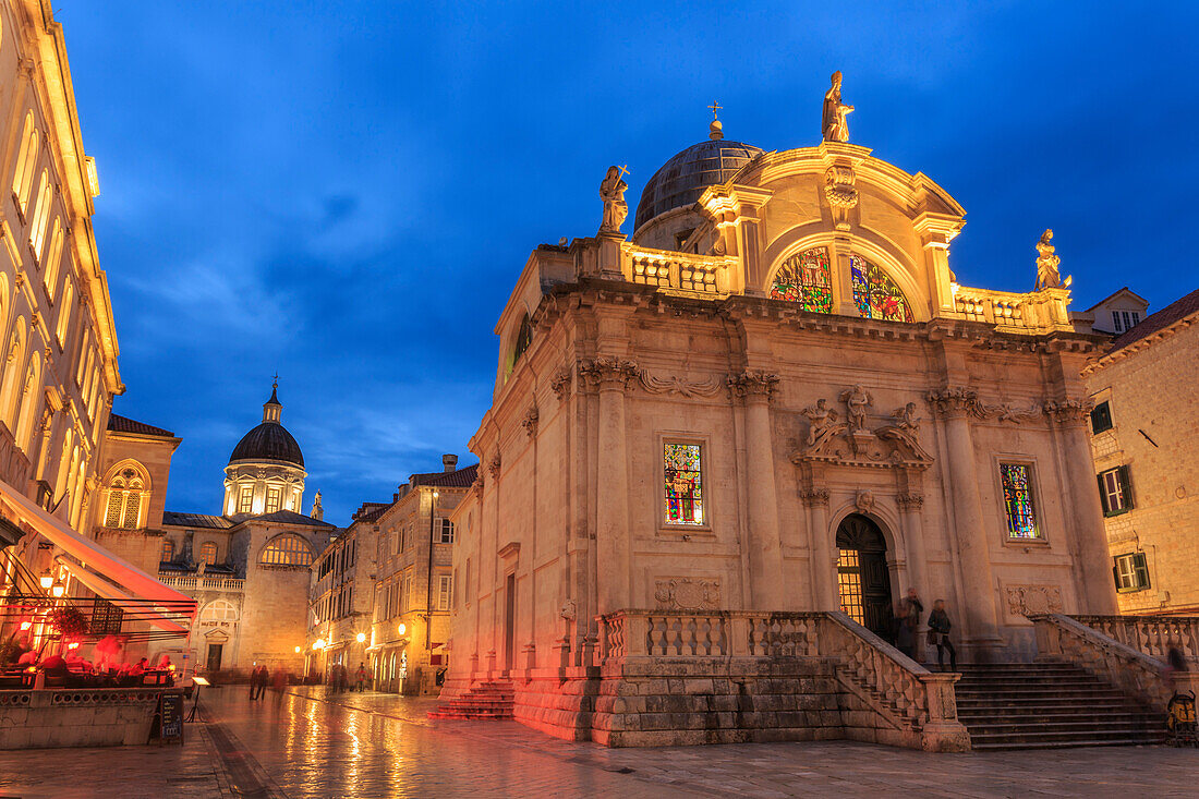 Illuminated Church of St. Blaise and Cathedral, evening blue hour, Old Town, Dubrovnik, UNESCO World Heritage Site, Croatia, Europe