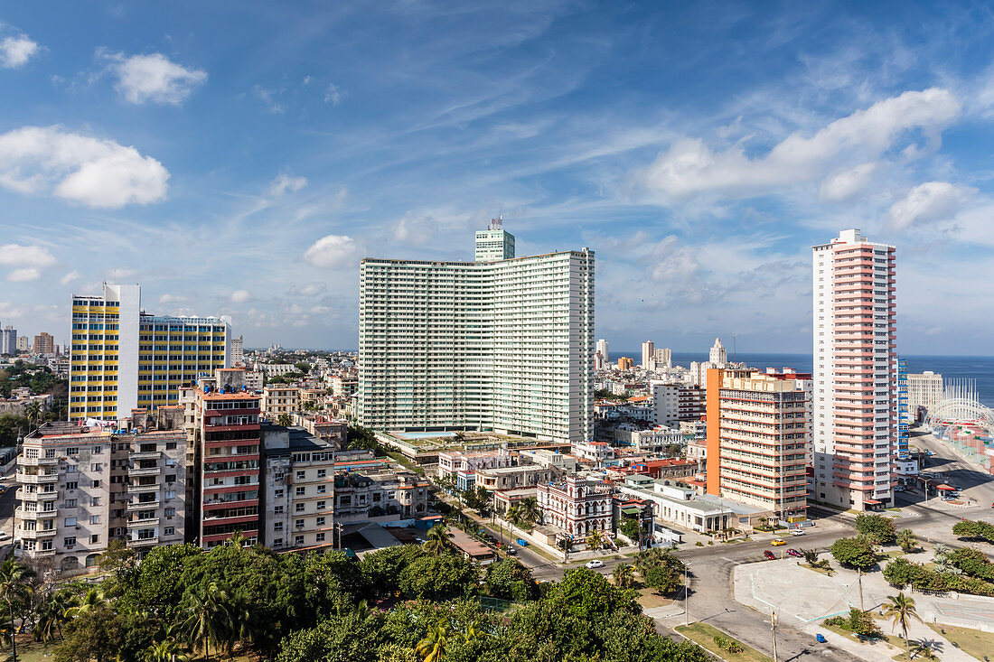 Cityscape view looking west of the town of Vedado, taken from the roof of the Hotel Nacional, Havana, Cuba, West Indies, Central America