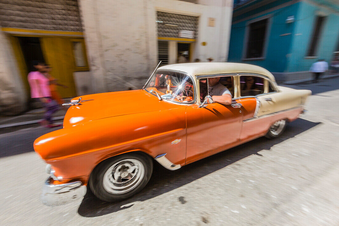 Classic American car being used as a taxi, locally known as almendrones in Havana, Cuba, West Indies, Central America