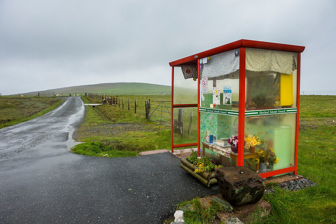 Ungewöhnliche Bobby's Bus Shelter, Unst, Shetlandinseln, Schottland, Vereinigtes Königreich, Europa