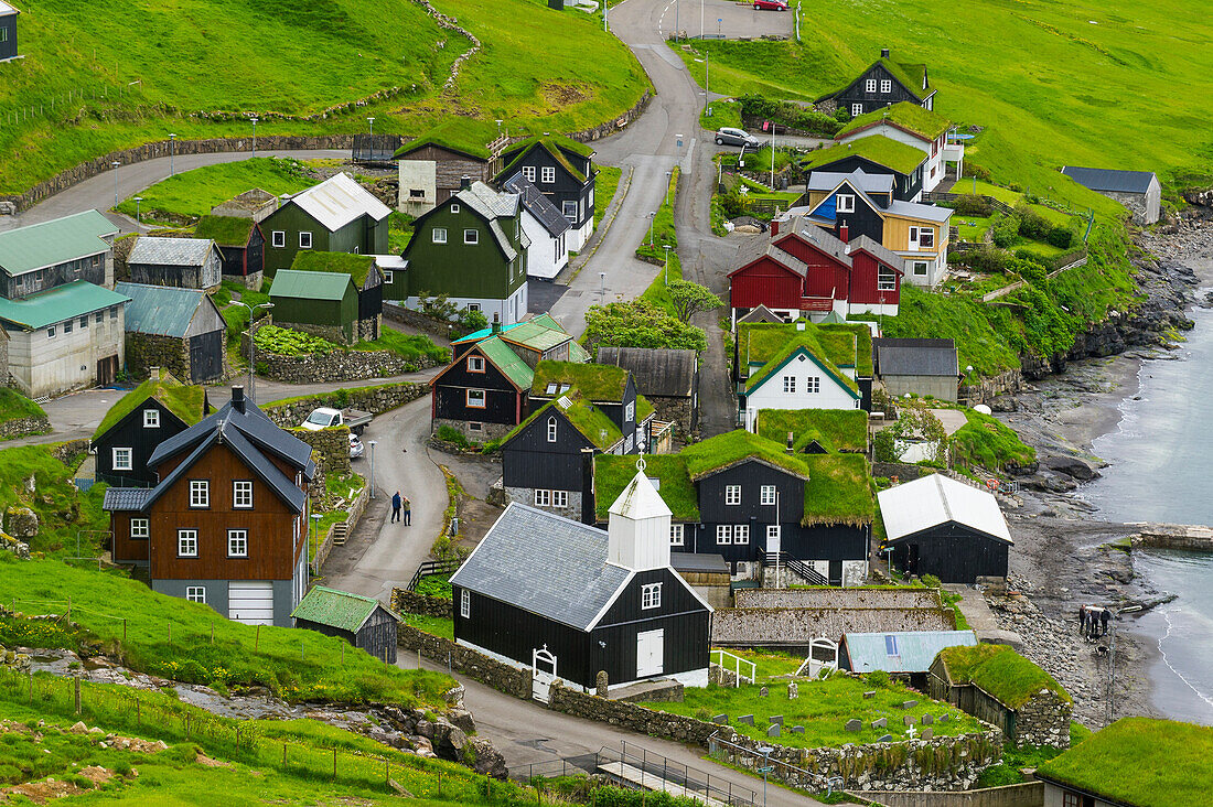 Bour village with many grasstop roofs, Vagar, Faroe islands, Denmark