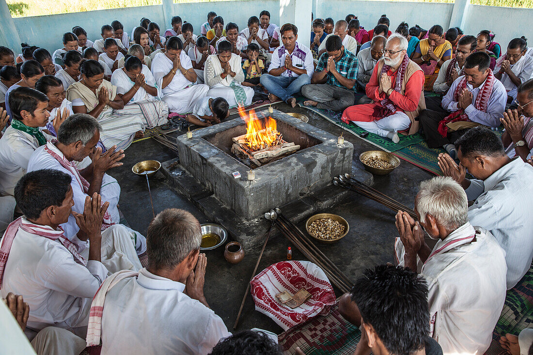 Hawan ,offering to fire god, at Karbi Anglong District Brahma Dharma Jyoti Mondir, Langhin Manikpur, India, Asia